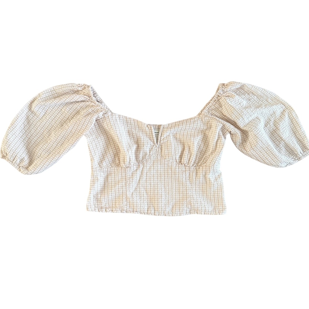 Abercrombie & Fitch Gingham Puff Sleeve Crop Top Tan White Seersucker L